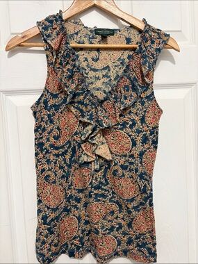 Lauren Jeans Co. Navy Paisley Ruffle V-Neck Tank Top